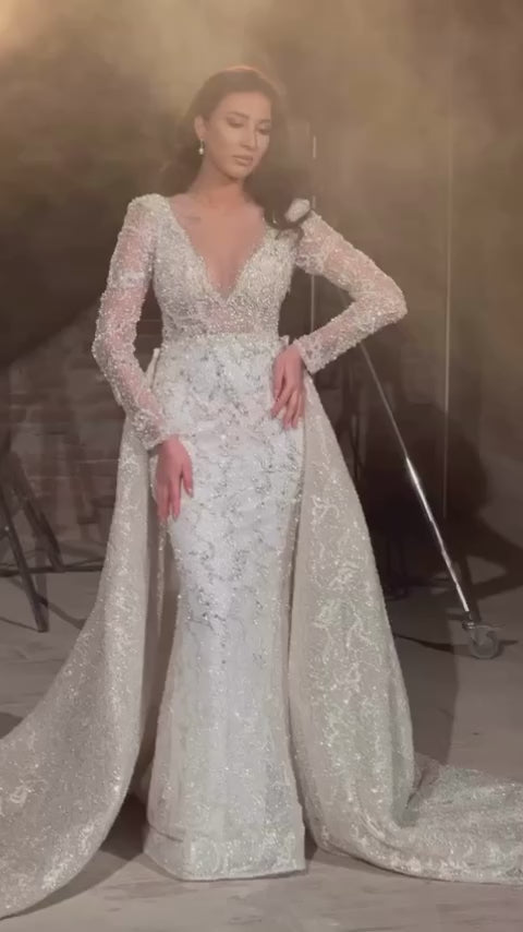 G21-971 Wedding Dress Mermaid Ivory Sequin Floral Lace Long Sleeve Overskirt