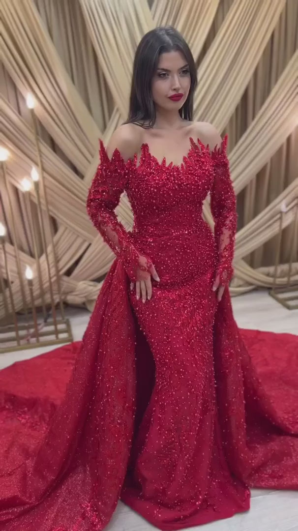 G21-090A - Crimson Beaded Lace Ball Gown Wedding Dress Video