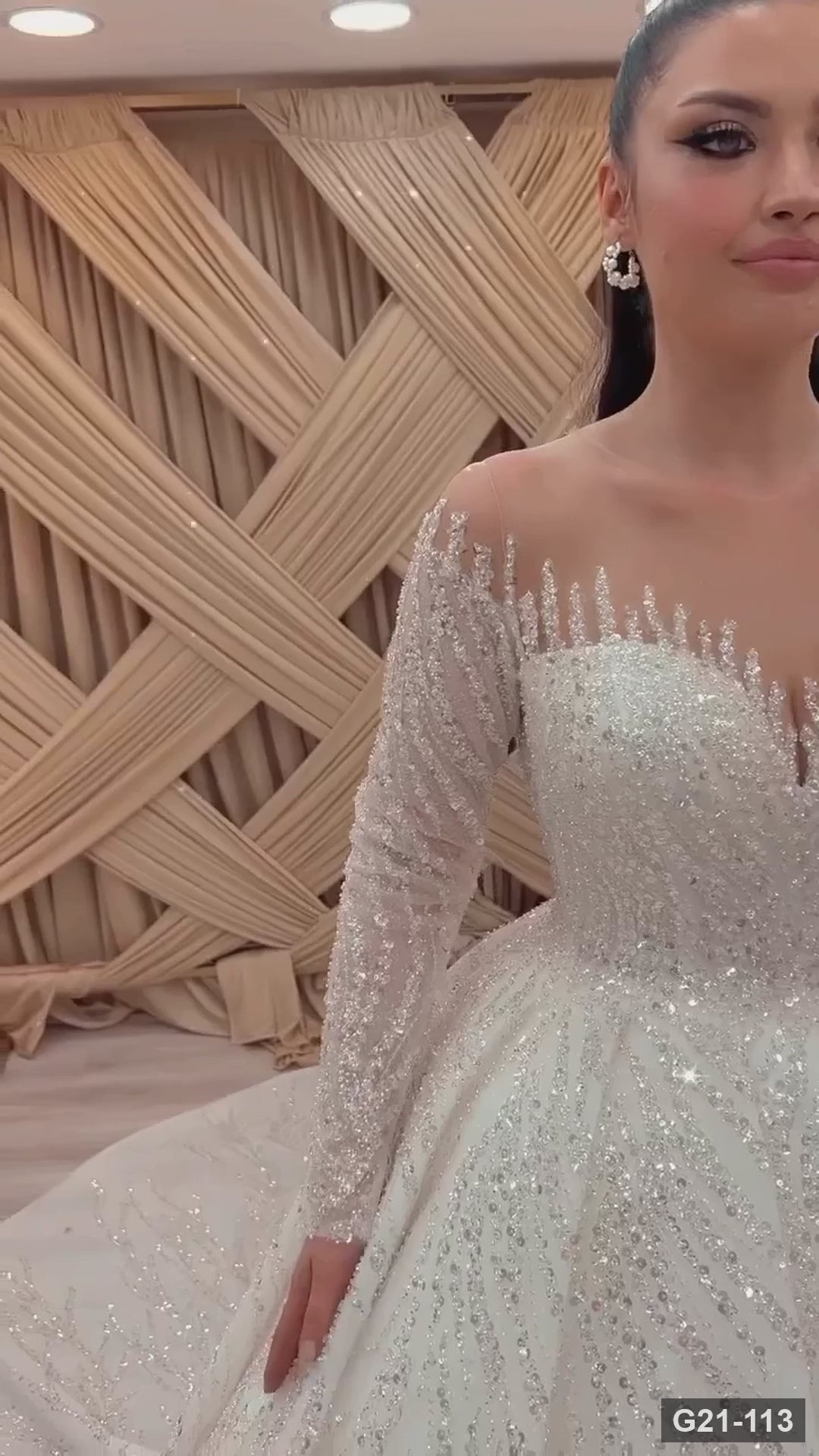 G21-113 | Ivory Ball Gown Crystal Spike Illusion Long Sleeve Sweetheart Wedding Dress