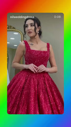 G21-NS-377 Red Ball Gown Sequin Beaded Tulle Engagement Dress