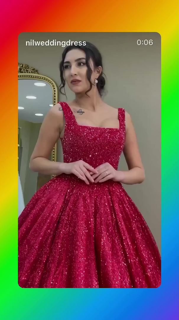 G21-NS-377 Red Ball Gown Sequin Beaded Tulle Engagement Dress