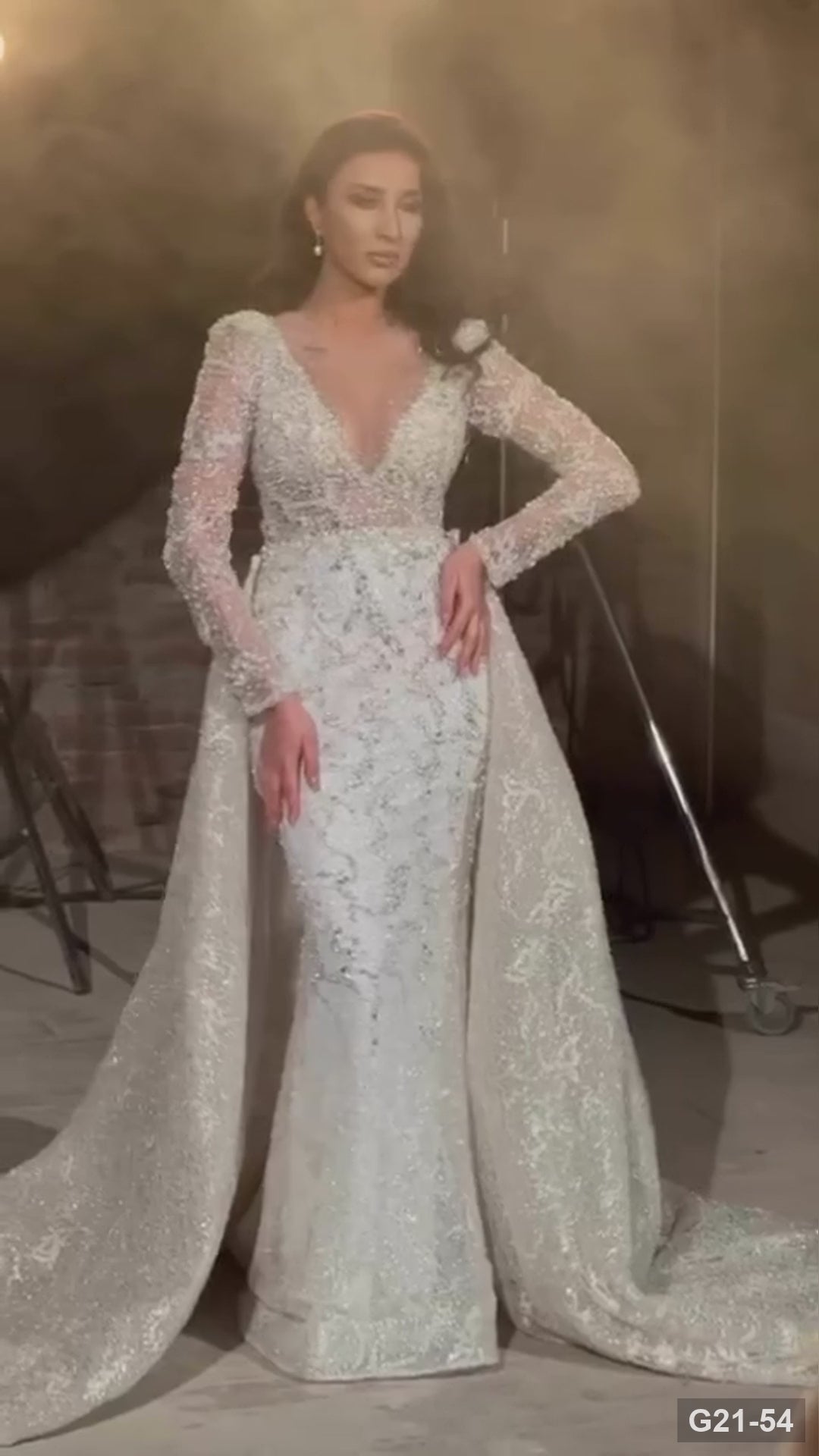 G21-054 | Ivory Mermaid Crystal Beaded Long Sleeve Deep V Neck Overskirt Wedding Dress