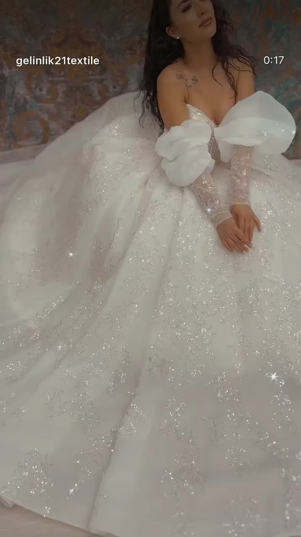 G21-348 Ivory Ball Gown Bow Beaded Tulle Wedding Dress
