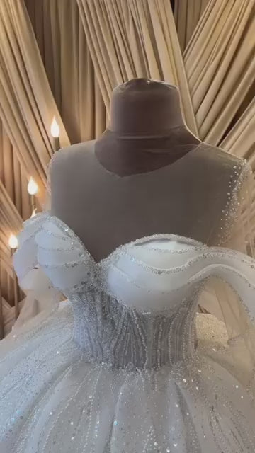 G21-818 | White Strapless Sweetheart Tulle Ball Gown Wedding Dress with 3D Floral Shoulder Detail