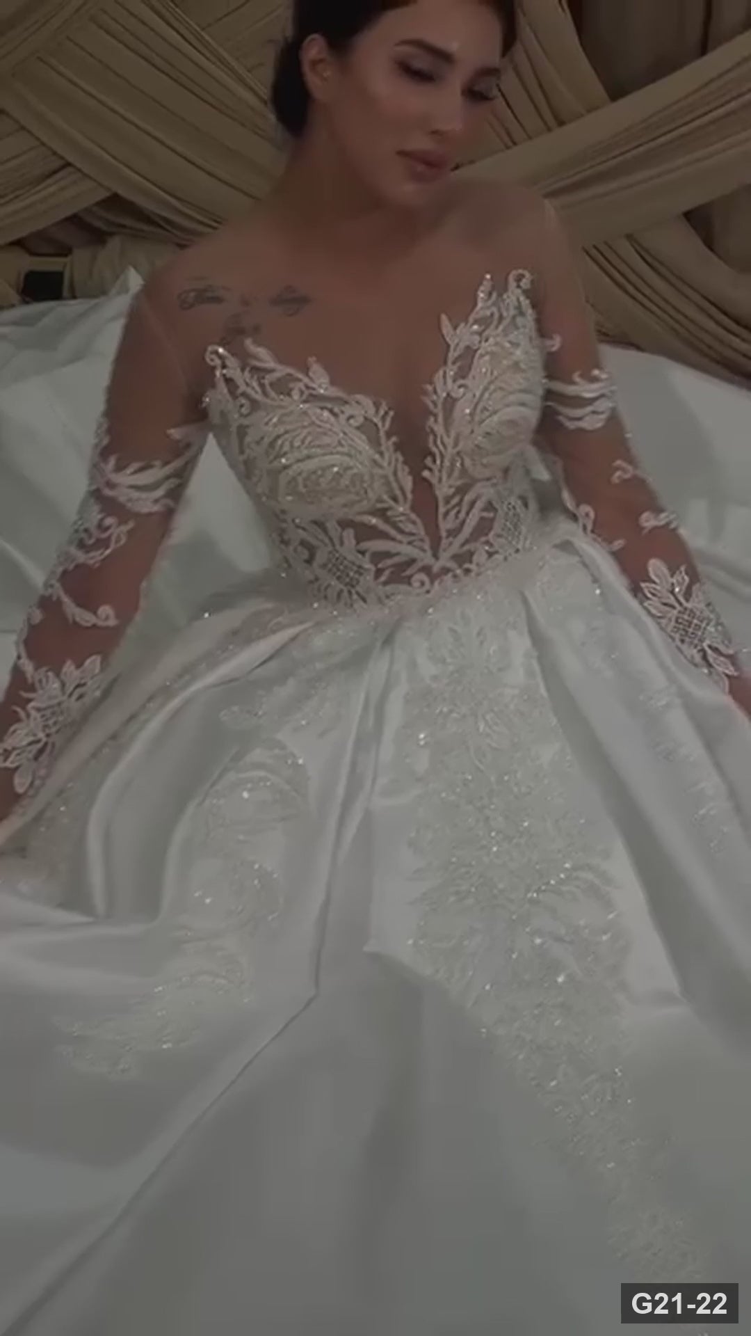 G21-022 Fildişi Prenses Model Dantel gelinlik ve Şapel Kuyruk