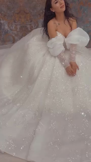 G21-810 | White Strapless Glitter Ball Gown Wedding Dress with Detachable Long Lace Sleeves