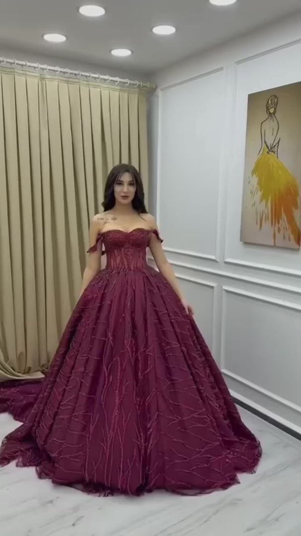 G21-NS-375 Burgundy Ball Gown Beaded Tulle Engagement Dress