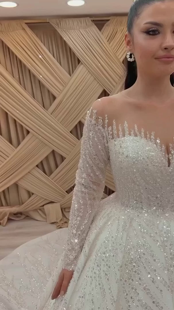 G21-331 Ivory Ball Gown Pearl Beaded Lace Tulle Wedding Dress