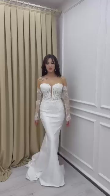 G21-812 | Ivory Strapless Crystal Corset Mermaid Wedding Dress with Sheer Long Sleeves & Ruffle Skirt