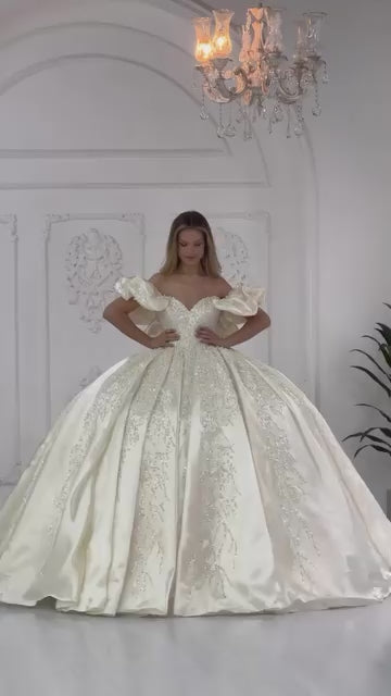 G21-806 | Ivory Off-Shoulder Puff Sleeve Satin Ball Gown Wedding Dress with Jacquard Detail