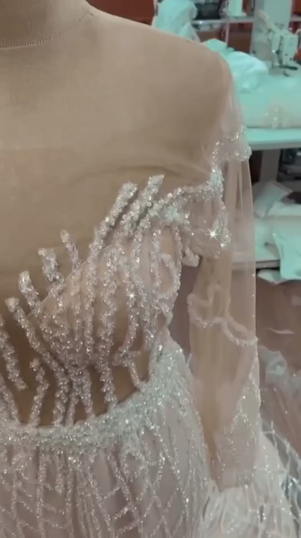 G21-333 Ivory Ball Gown Pearl Beaded Tulle Mesh Wedding Dress