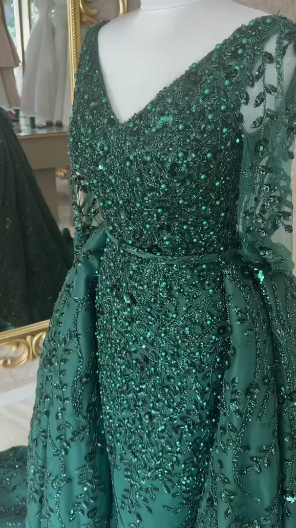 G21-NS-347 Emerald A-Line Sequin Beaded Lace Engagement Dress