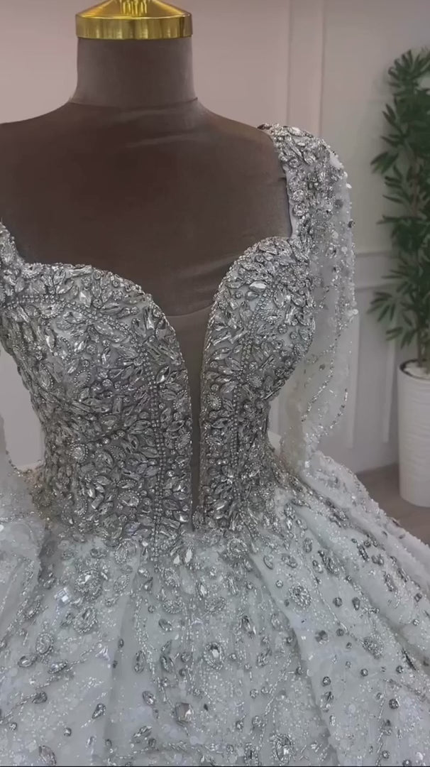 G21-324 Silver Ball Gown Crystal Beaded Tulle Wedding Dress