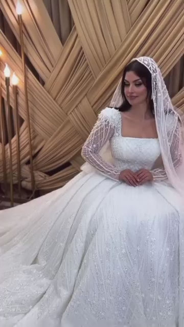 G21-817 | White Square Neck Pearl Crystal Ball Gown Wedding Dress with Sheer Sleeves & Veil