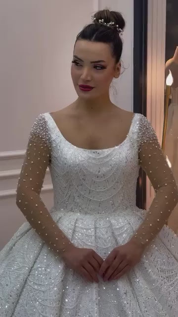 G21-816 | White Square Neck Crystal Pearl Ball Gown Wedding Dress with Sheer Long Sleeves