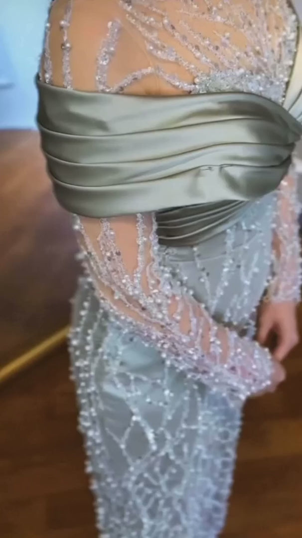 G21-NS-354 Silver Mermaid Pearl Beaded Tulle Engagement Dress