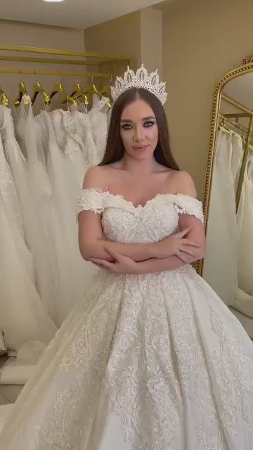 G21-807 | Ivory Off-Shoulder Floral Lace Ball Gown Wedding Dress with Crystal Crown