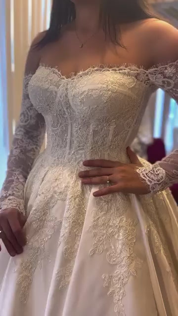 G21-813 | Ivory Off-Shoulder Floral Lace A-Line Wedding Dress with Long Sleeves