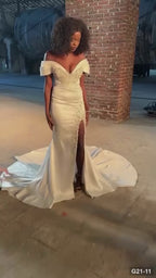 G21-011 Ivory Mermaid Lace Wedding Dress with Off-Shoulder and Chapel Train
