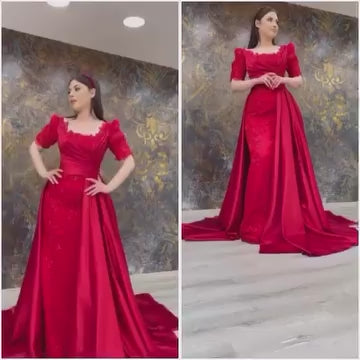 G21-819 | Crimson Red Square Neck Satin A-Line Wedding Dress with Puff Sleeves & Long Train
