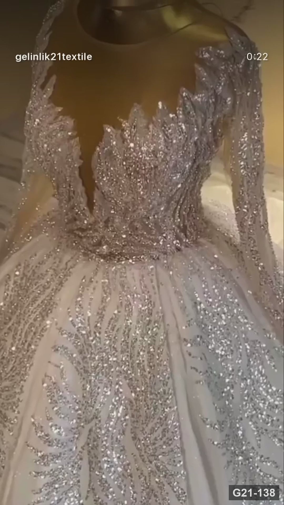 G21-105 | Silver Ball Gown Crystal Glitter Long Sleeve Illusion Neckline Wedding Dress