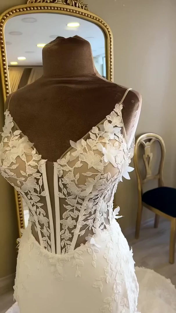 G21-317 Ivory Mermaid Floral Lace Crepe Tulle Wedding Dress