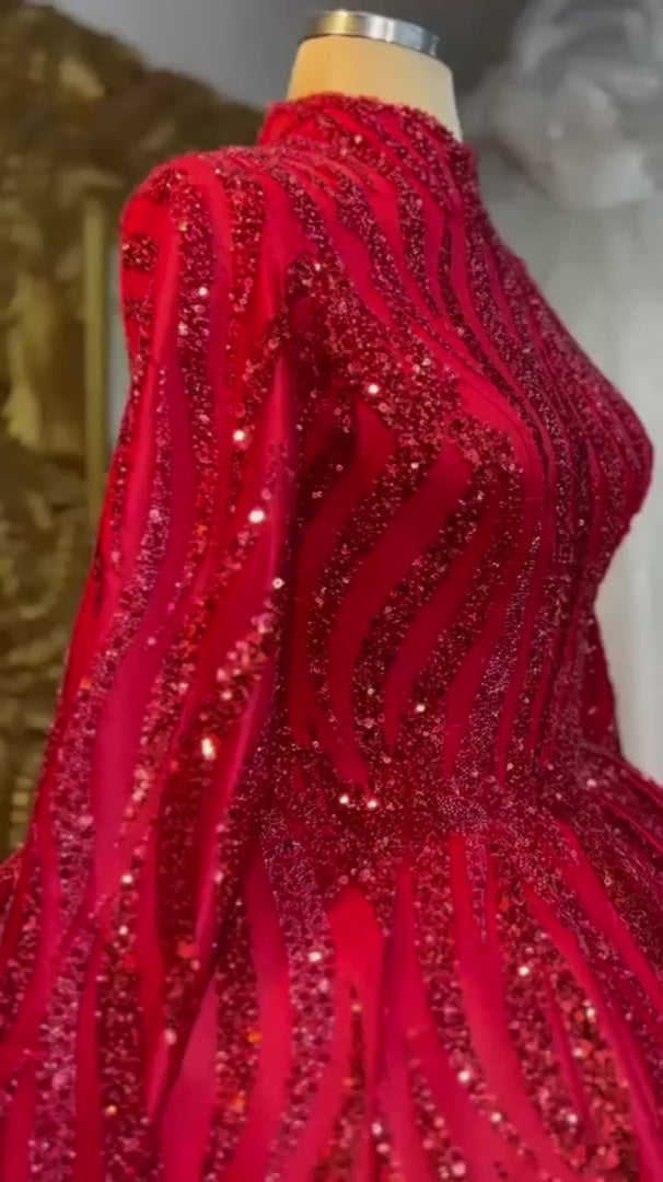 G21-NS-370 Red Mermaid Beaded Lace Engagement Dress