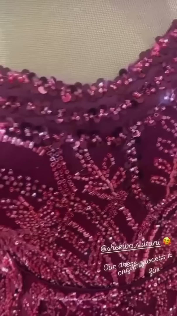 G21-NS-336 Fuchsia Ball Gown Beaded Tulle Engagement Dress