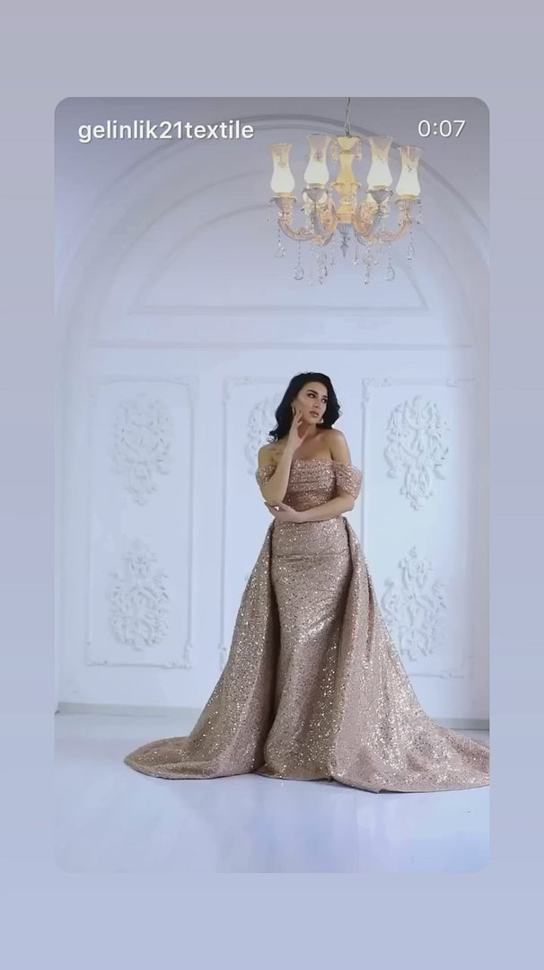 G21-NS-379 Champagne Mermaid Beaded Satin Engagement Dress