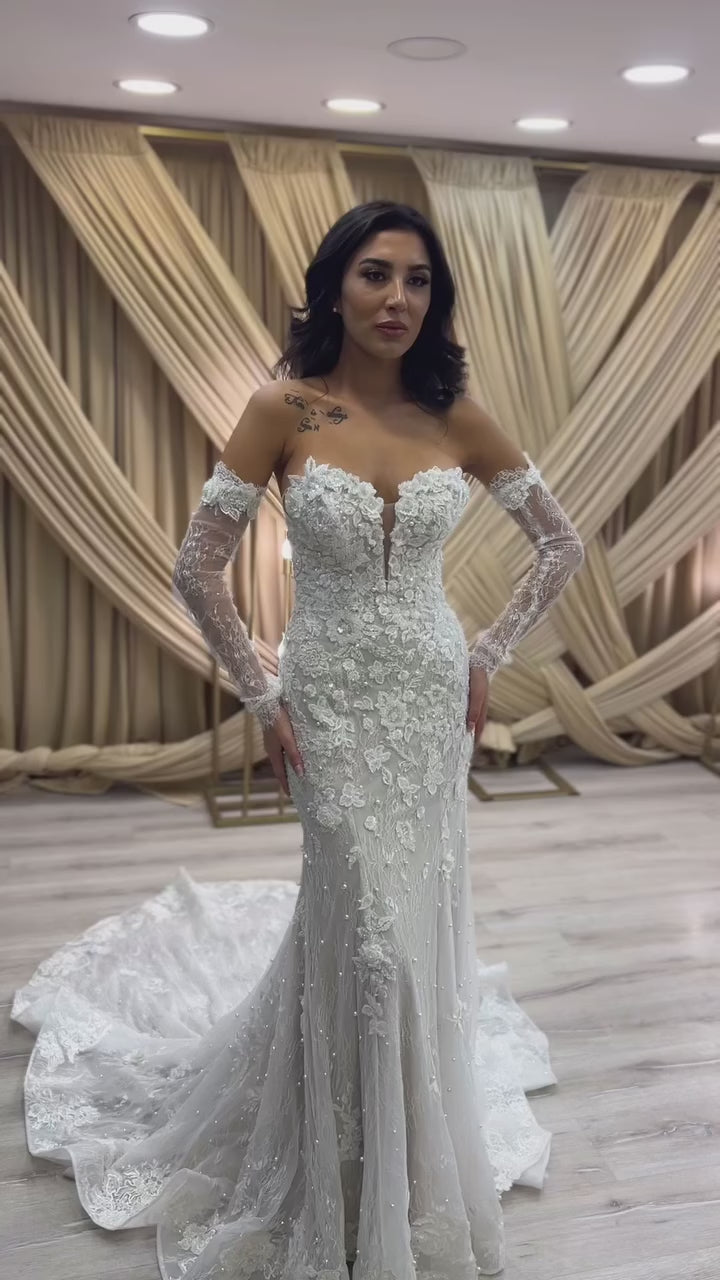 G21-081A - Champagne Beaded Lace Ball Gown Wedding Dress