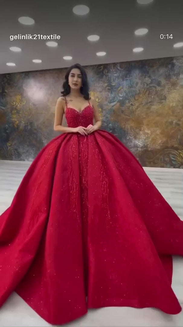 G21-NS-311 Red Ball Gown Beaded Satin Engagement Dress