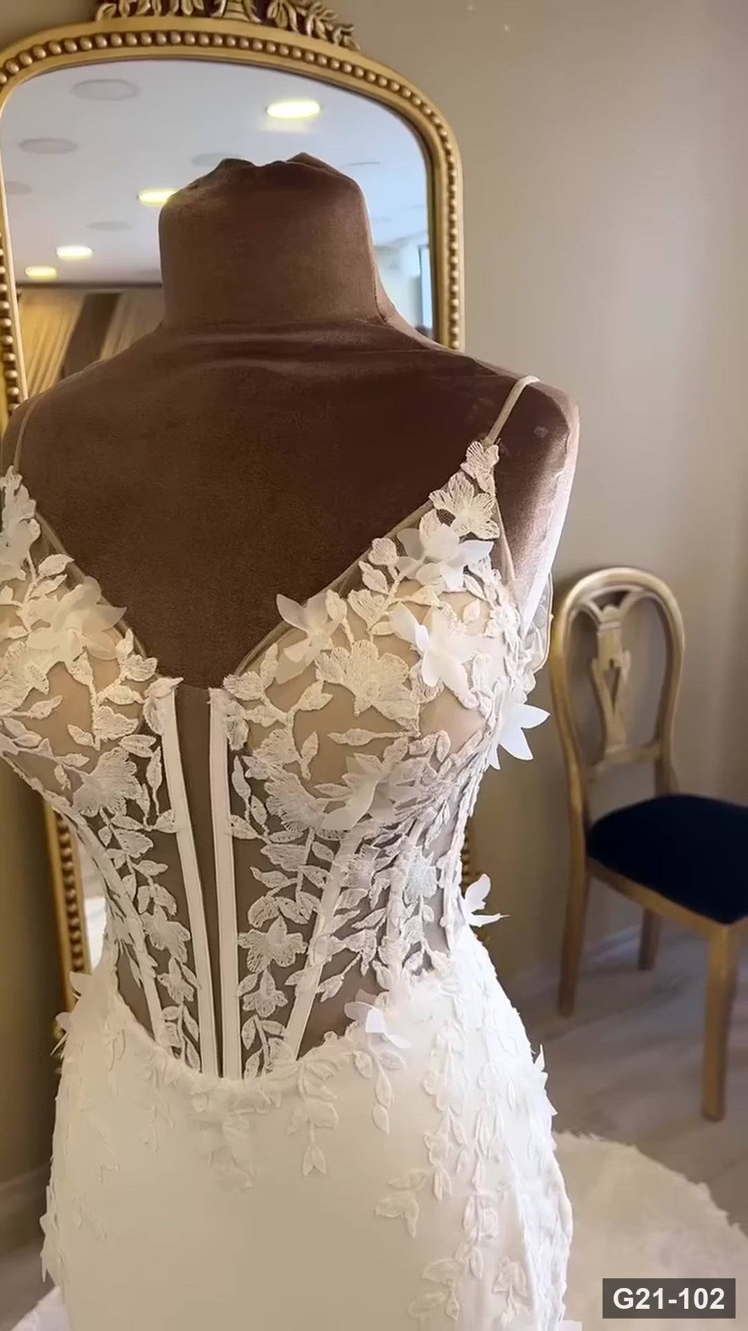 G21-102 | Ivory Mermaid 3D Floral Applique Thin Strap V-Cut Open Back Wedding Dress