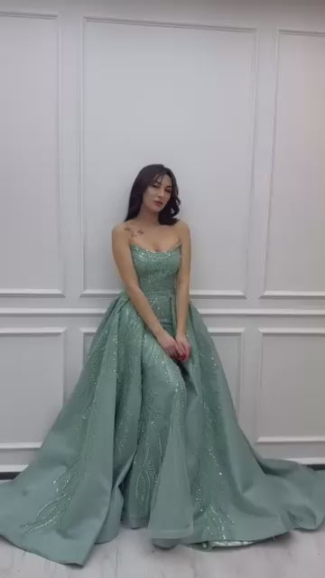 G21-808 | Sage Green Glitter Sequin A-Line Wedding Dress with Spaghetti Straps & Long Train