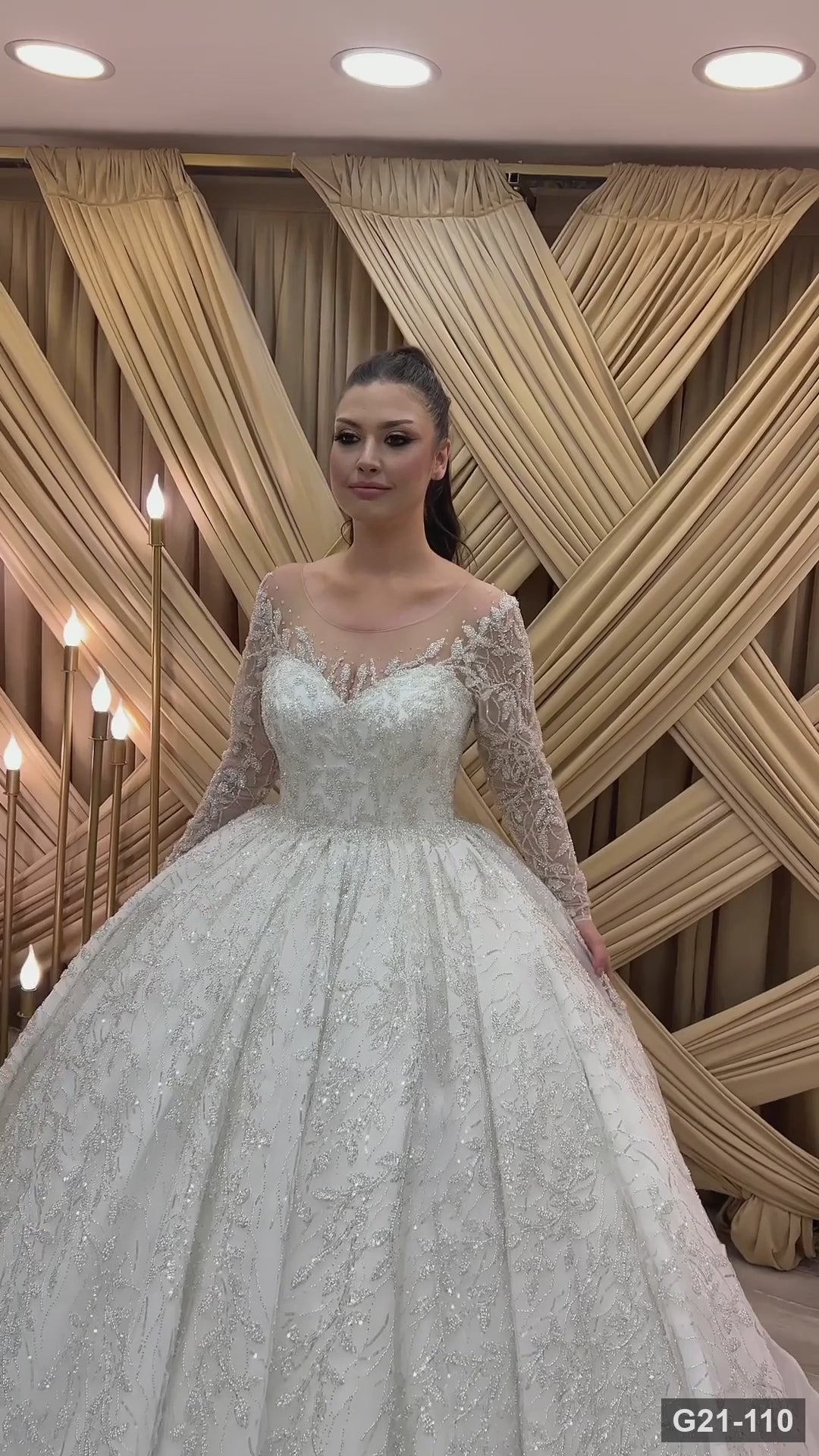 G21-110 | Ivory Ball Gown Floral Crystal Beaded Long Sleeve Illusion Neckline Wedding Dress