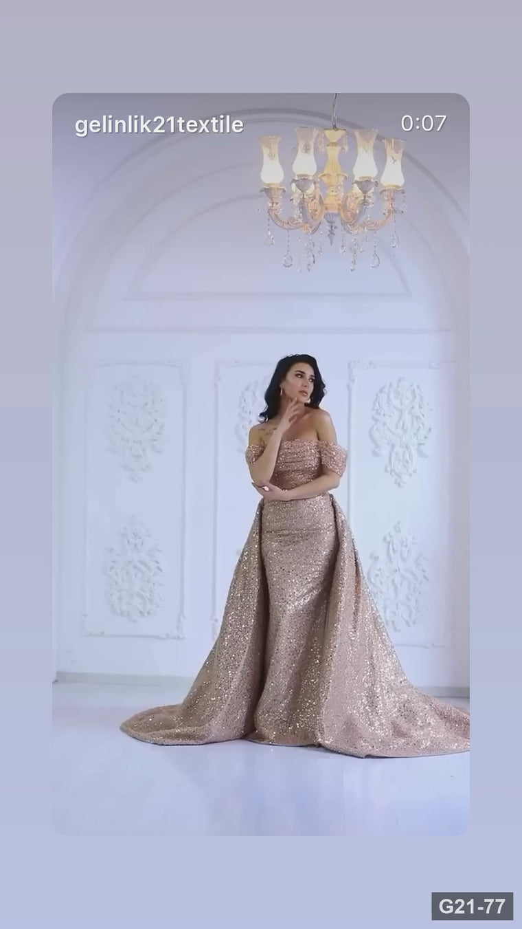 G21-077 Moka Düz Kesim Dantel nişanlık ile Düşük Omuz - closer look