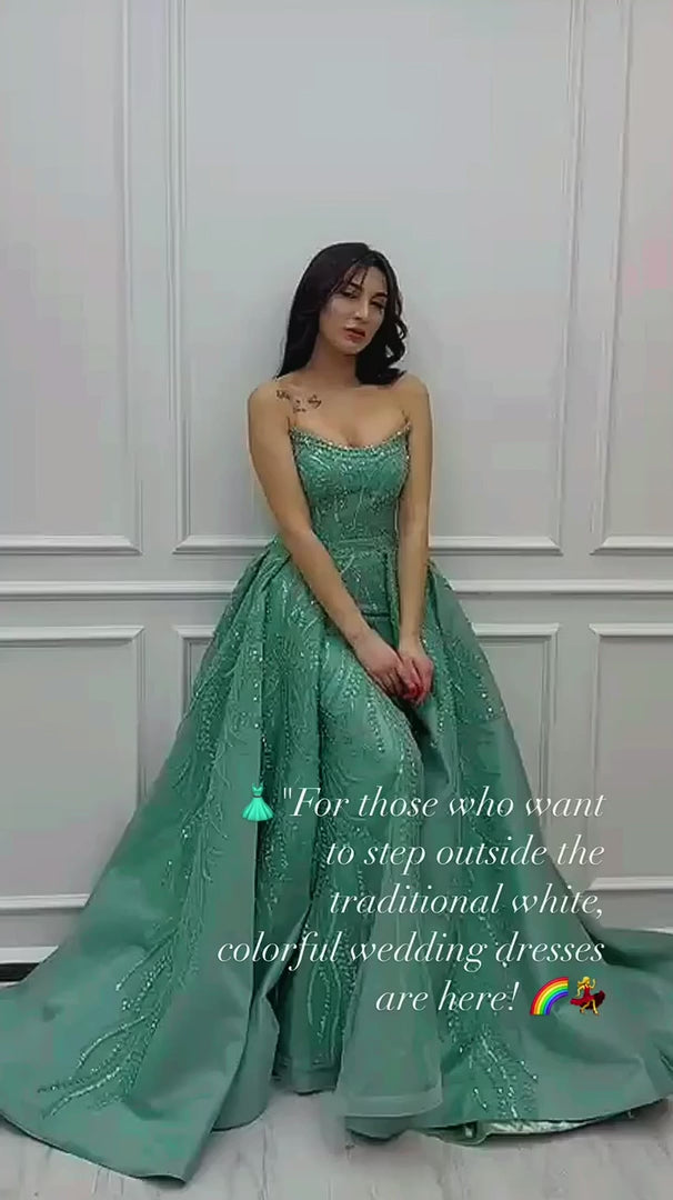 G21-NS-353 Mint Green A-Line Beaded Tulle Engagement Dress