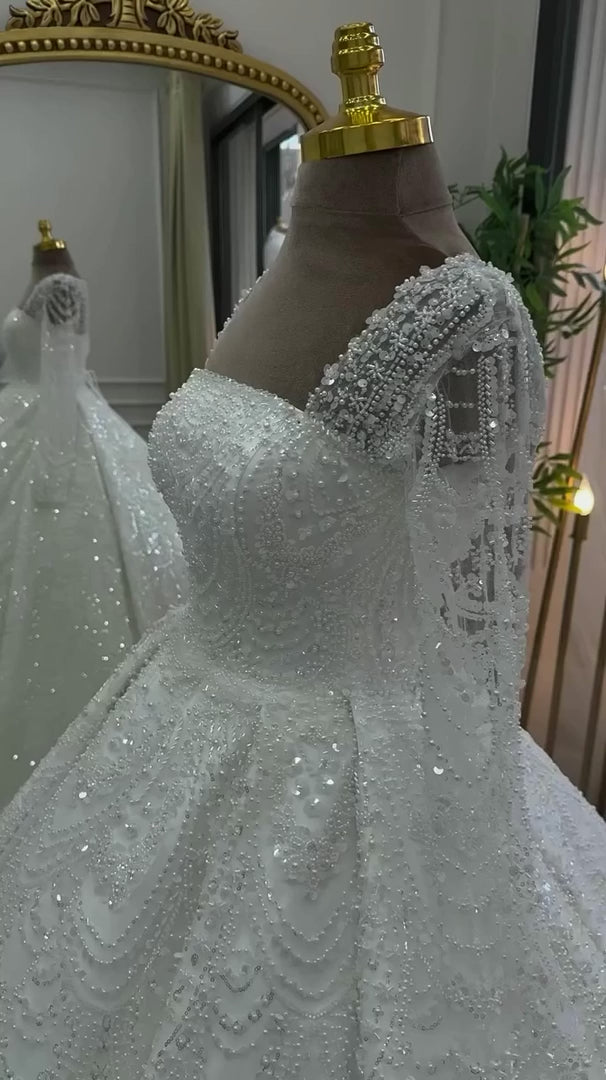 G21-325 Ivory Ball Gown Crystal Beaded Glitter Tulle Wedding Dress