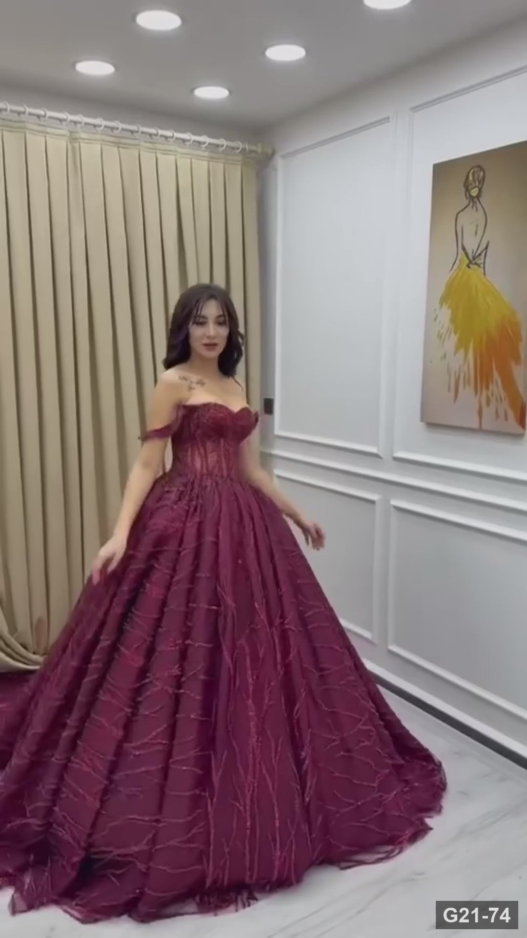 G21-074 Bordo Prenses Model Tül nişanlık ile Düşük Omuz