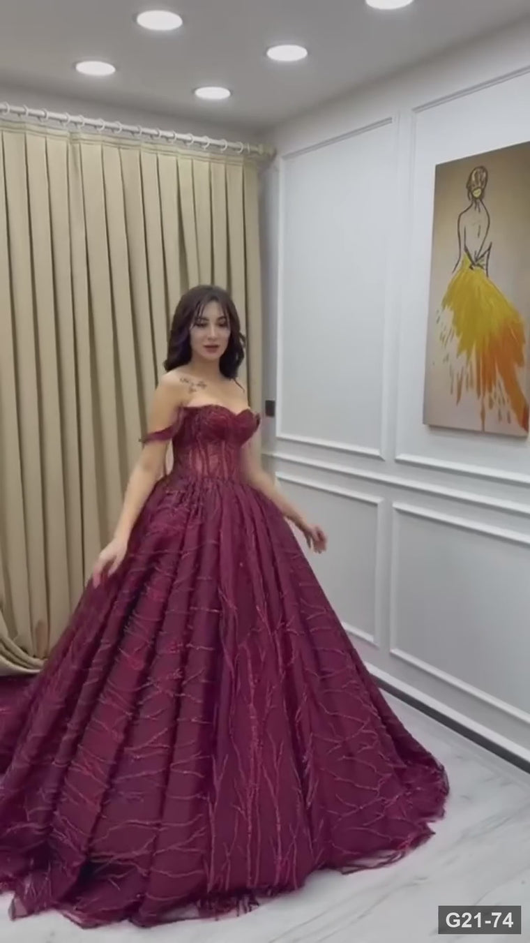 G21-074 Bordo Prenses Model Tül nişanlık ile Düşük Omuz - closer look