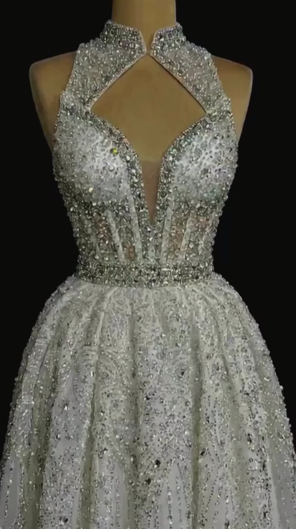 G21-106 Ivory Ball Gown Lace Wedding Dress with High Neck and Chapel Train
