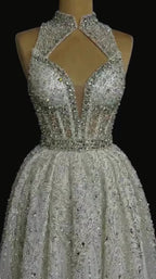 G21-106 Ivory Ball Gown Lace Wedding Dress with High Neck and Chapel Train