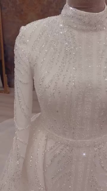 G21-814 | Ivory High Neck Long Sleeve Crystal Beaded A-Line Wedding Dress with Jacquard Fabric