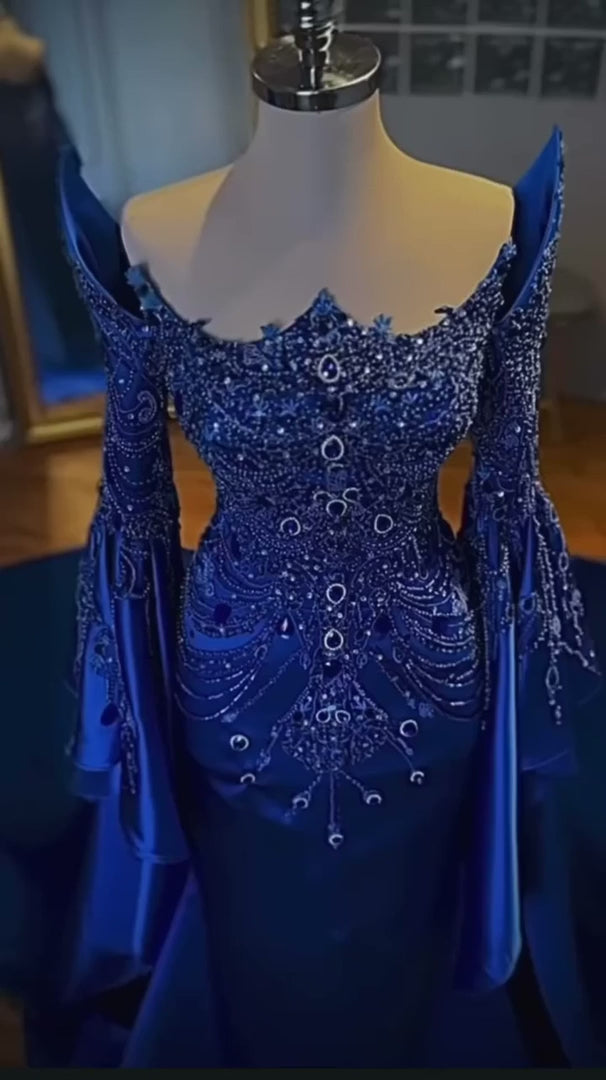 G21-NS-392 Royal Blue Mermaid Beaded Lace Engagement Dress