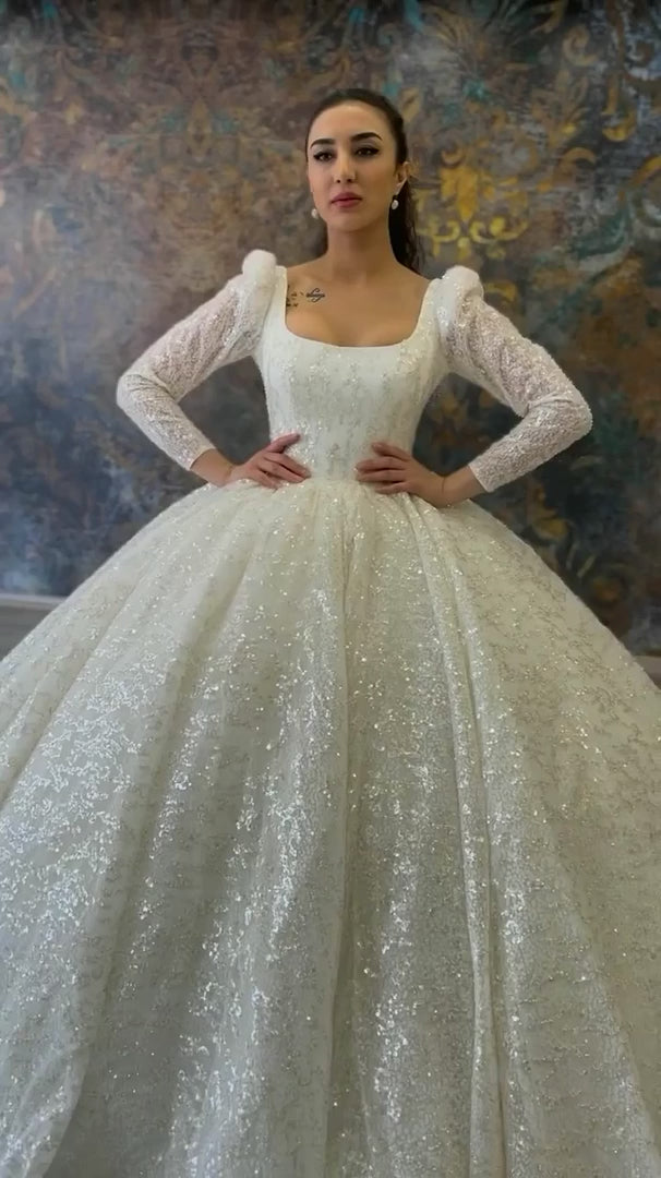 G21-314 Ivory Ball Gown Glitter Beaded Tulle Wedding Dress