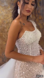 G21-080 Ivory Mermaid Lace Wedding Dress with Asymmetric One-Shoulder and Chapel Train