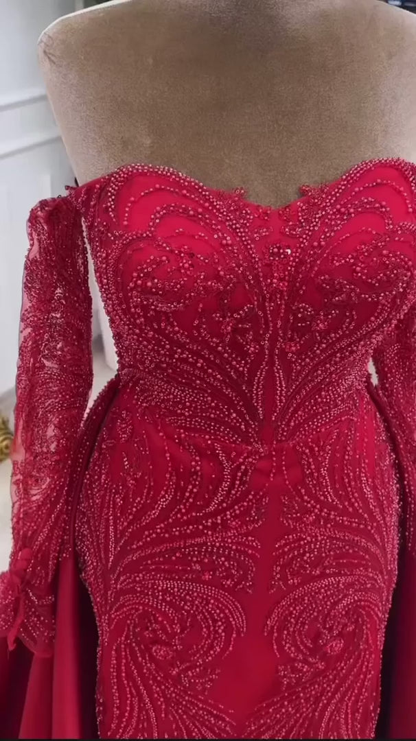 G21-NS-394 Red Mermaid Beaded Lace Engagement Dress